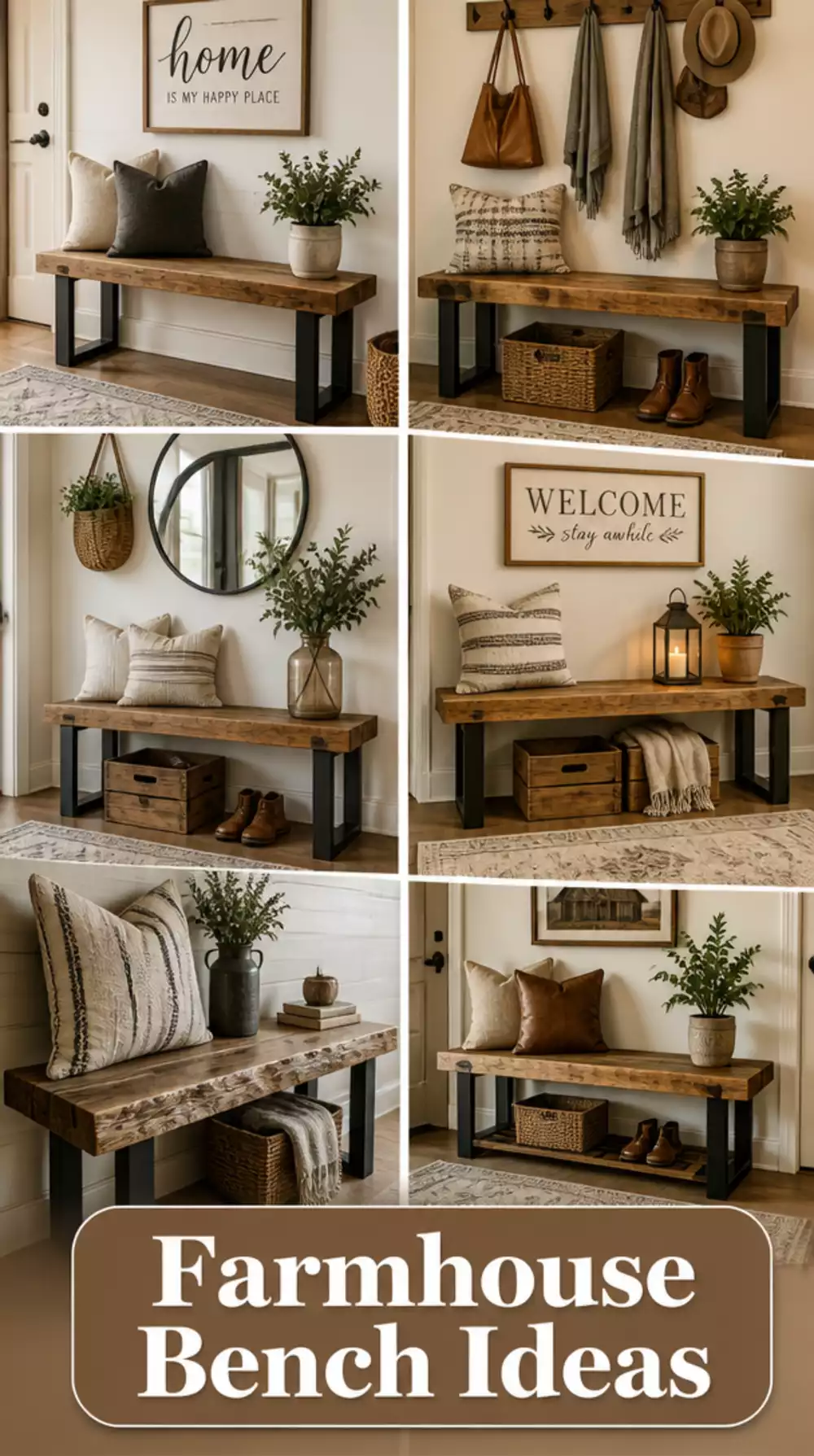 Farmhouse Entryway Bench in Reclaimed Wood with Black Metal Legs