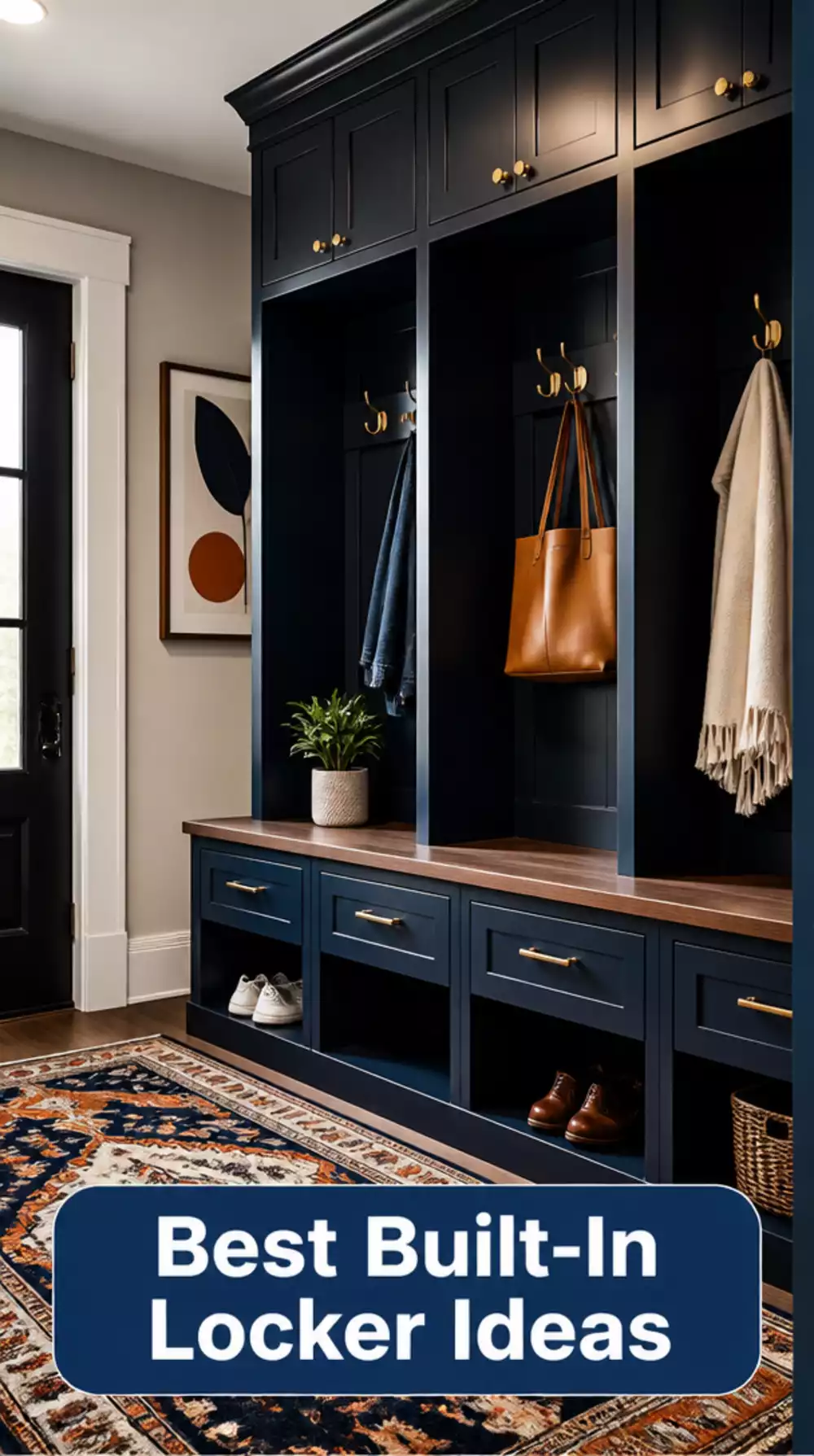 Entryway Built-In Locker System in Deep Navy That Makes the Hall Feel Dramatic