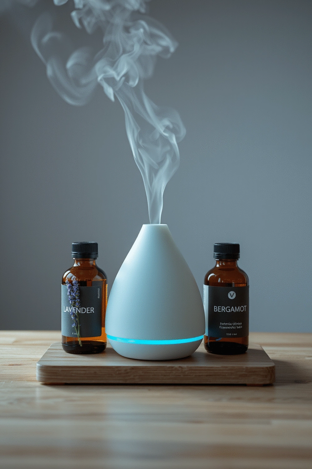 An essential oil diffuser emitting a gentle mist, surrounded by small bottles of lavender and bergamot essential oils on a sleek wooden surface. Soft, diffused lighting, clean background.
