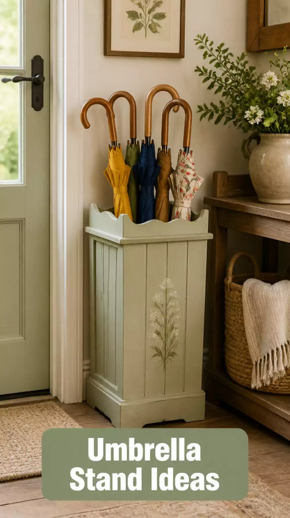 Entryway Painted Wooden Umbrella Stand in a Soft Sage or Cream Finish