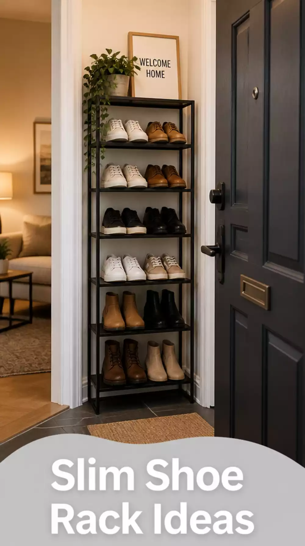 Studio Entryway Slim Shoe Rack That Tucks Behind an Open Front Door