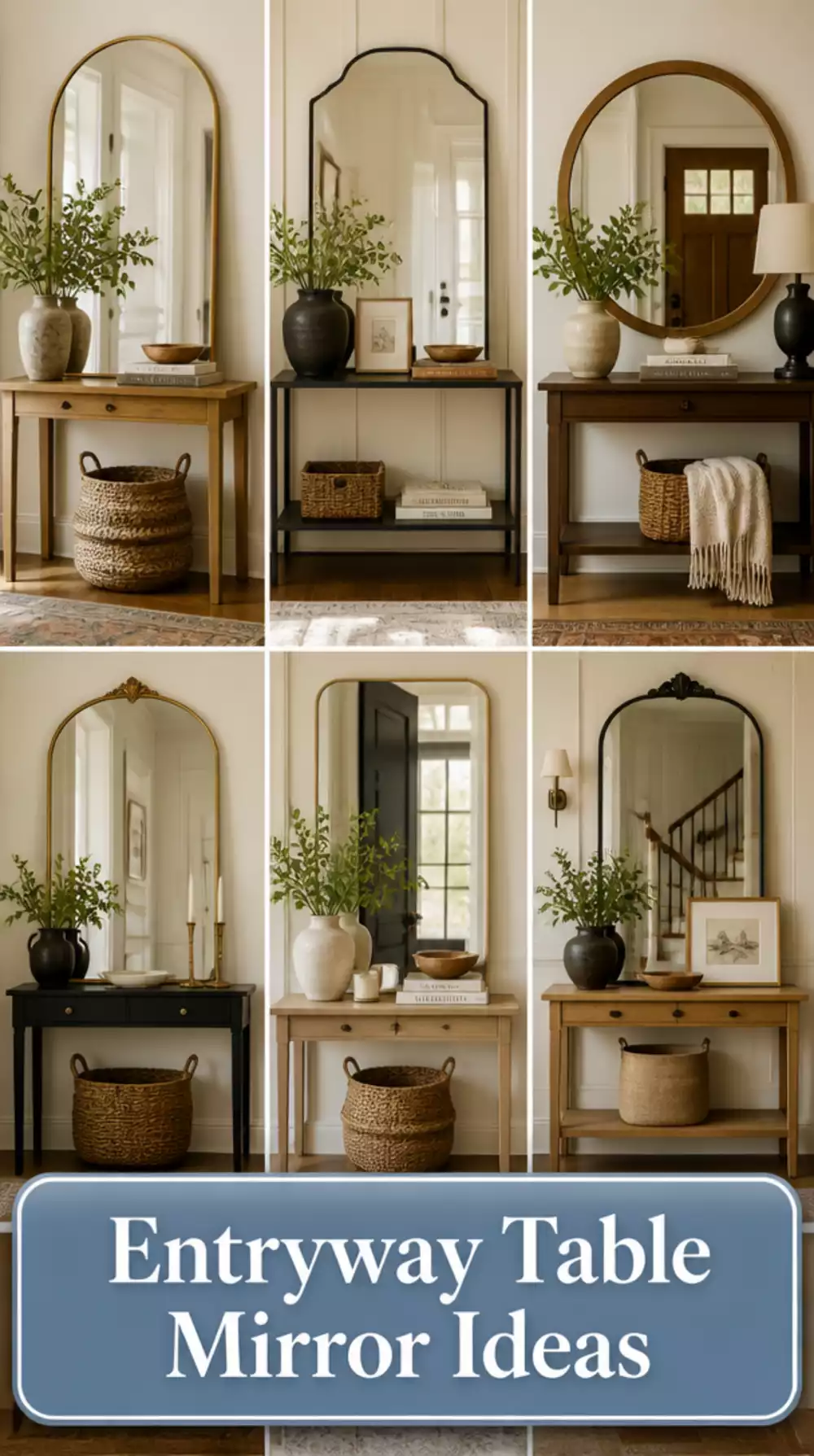 Entryway Table Mirror Leaned Against the Wall Behind a Slim Console