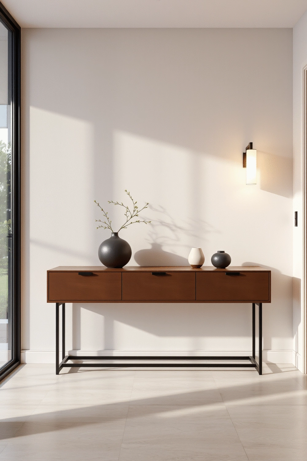 Modern entryway with a stylish console table, decorative elements, and ambient lighting, no humans.
