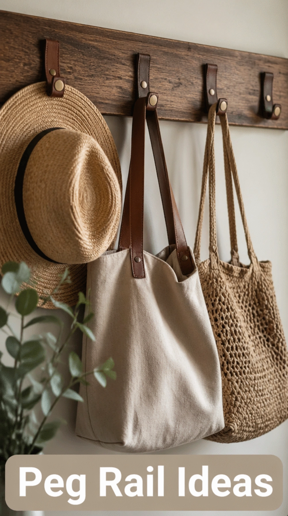 DIY Mudroom Peg Rail with Leather Loop Hooks Screwed into a Stained Oak Board