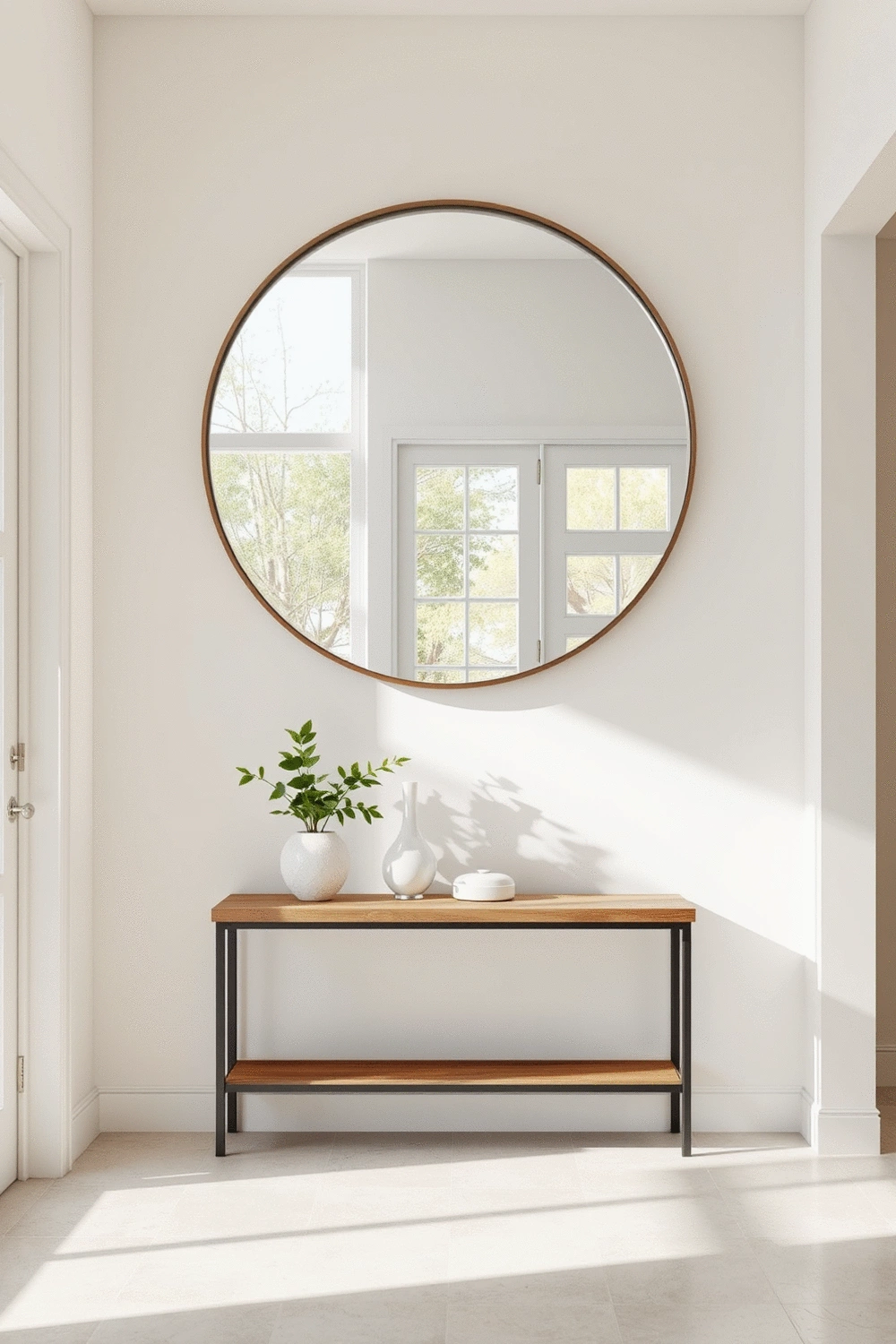 Modern entryway with a large, round mirror reflecting natural light from a window, a minimalist wooden console table, and a small potted plant