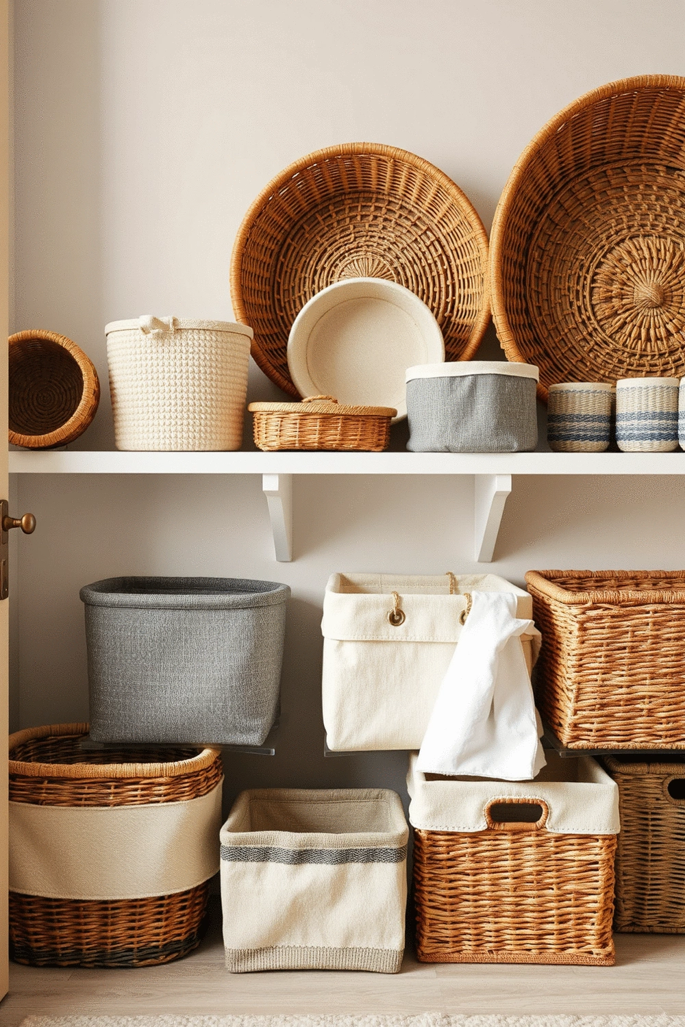 A collection of stylish, empty wicker baskets and fabric storage bins arranged neatly on a shelf, ready for entryway organization. The background is a clean, neutral wall, emphasizing the textures of the containers.
