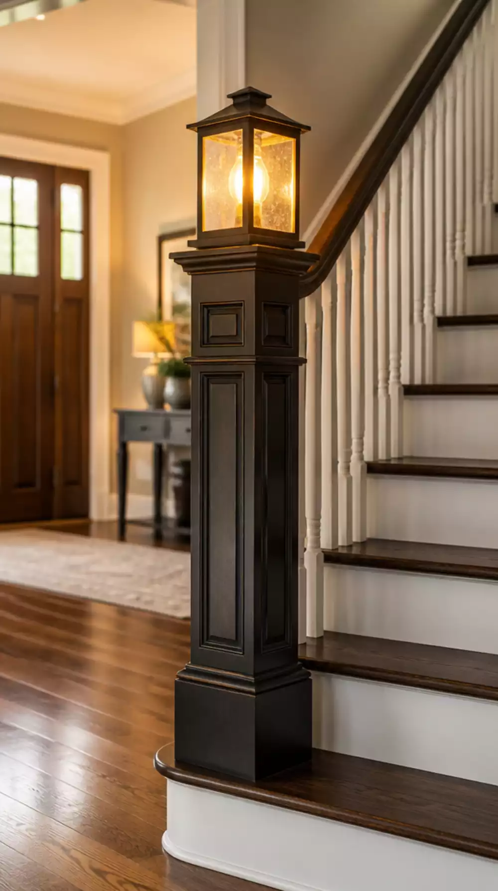 Entryway Stair Newel Post Lamp That Adds Warm Light at the Bottom Step