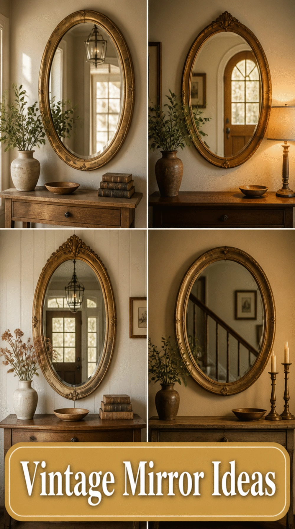 Entryway Vintage-Style Full-Length Mirror with a Distressed Gold Oval Frame