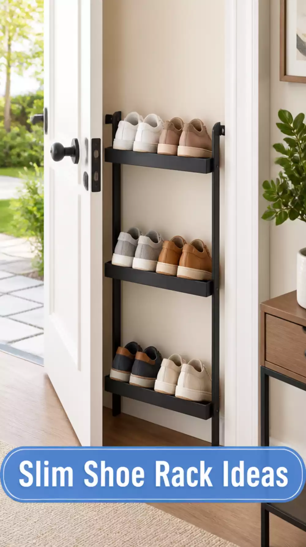 Apartment Entryway Slim Three-Tier Shoe Rack That Fits Behind an Open Door