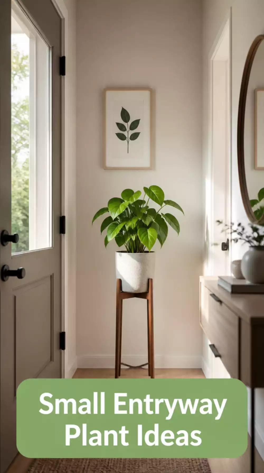 Small Entryway Potted Plant on a Slim Wooden Stand or Shelf