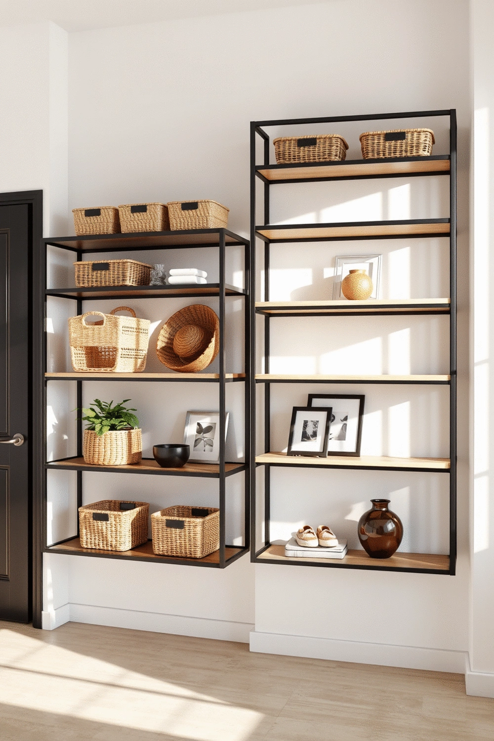 Modern entryway with wall-mounted shelving unit, decorative baskets, and a small plant, illuminated by soft natural light