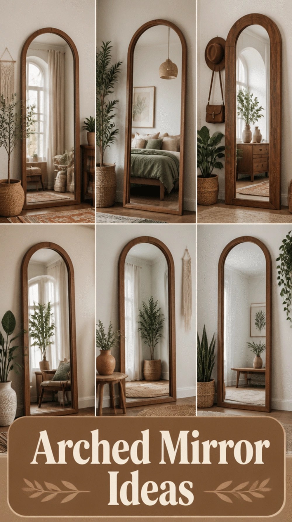Entryway Arched Full-Length Mirror in a Warm Walnut Frame for a Boho Hall