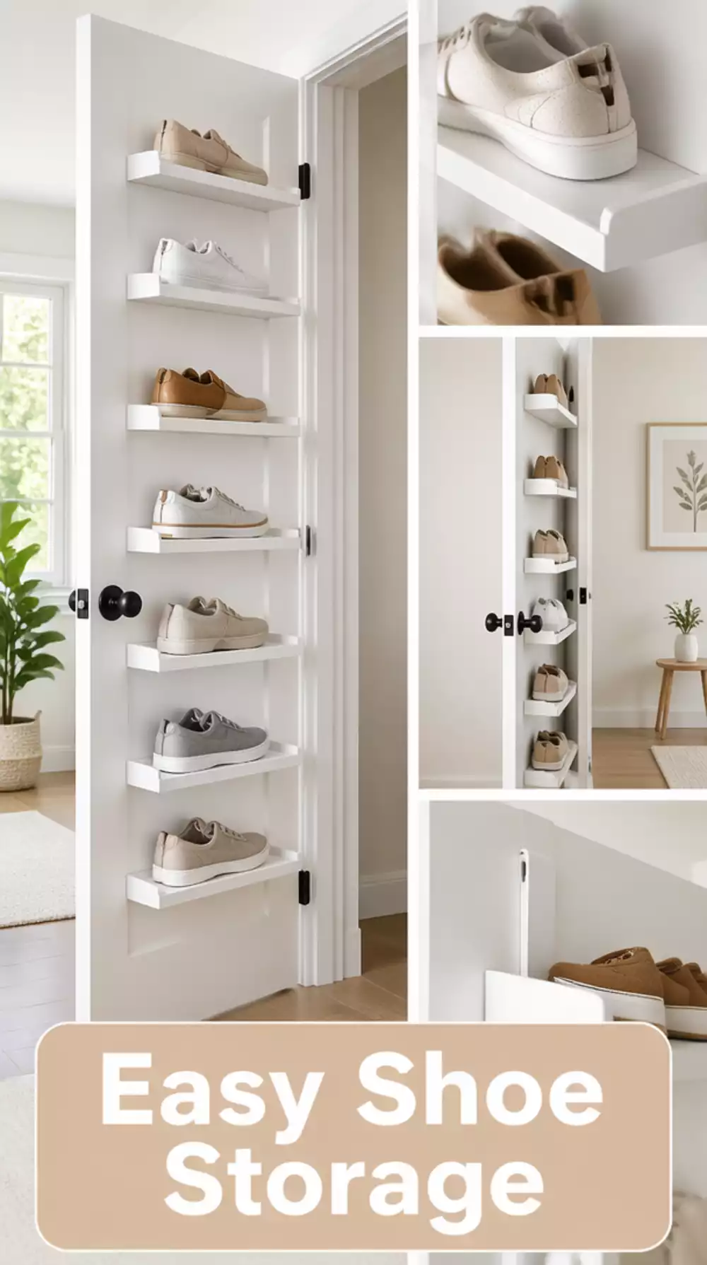 Narrow Hallway Shoe Ledge Shelf Mounted at Floor Level Behind the Door