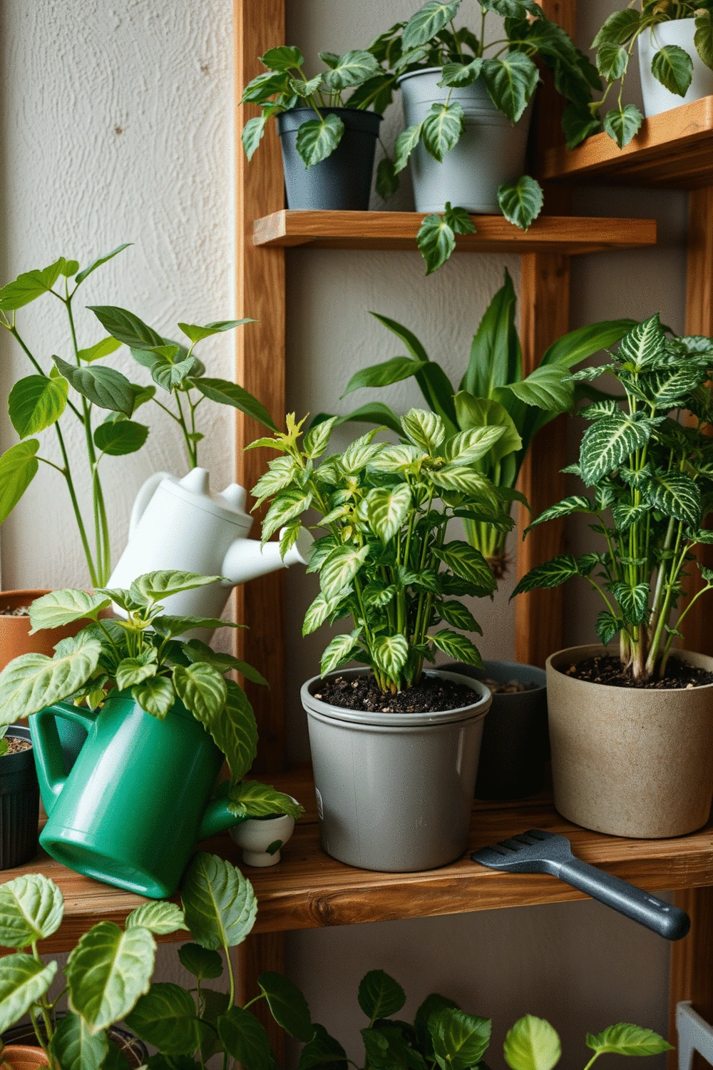 Various healthy potted plants on a simple wooden shelf, demonstrating plant care and growth