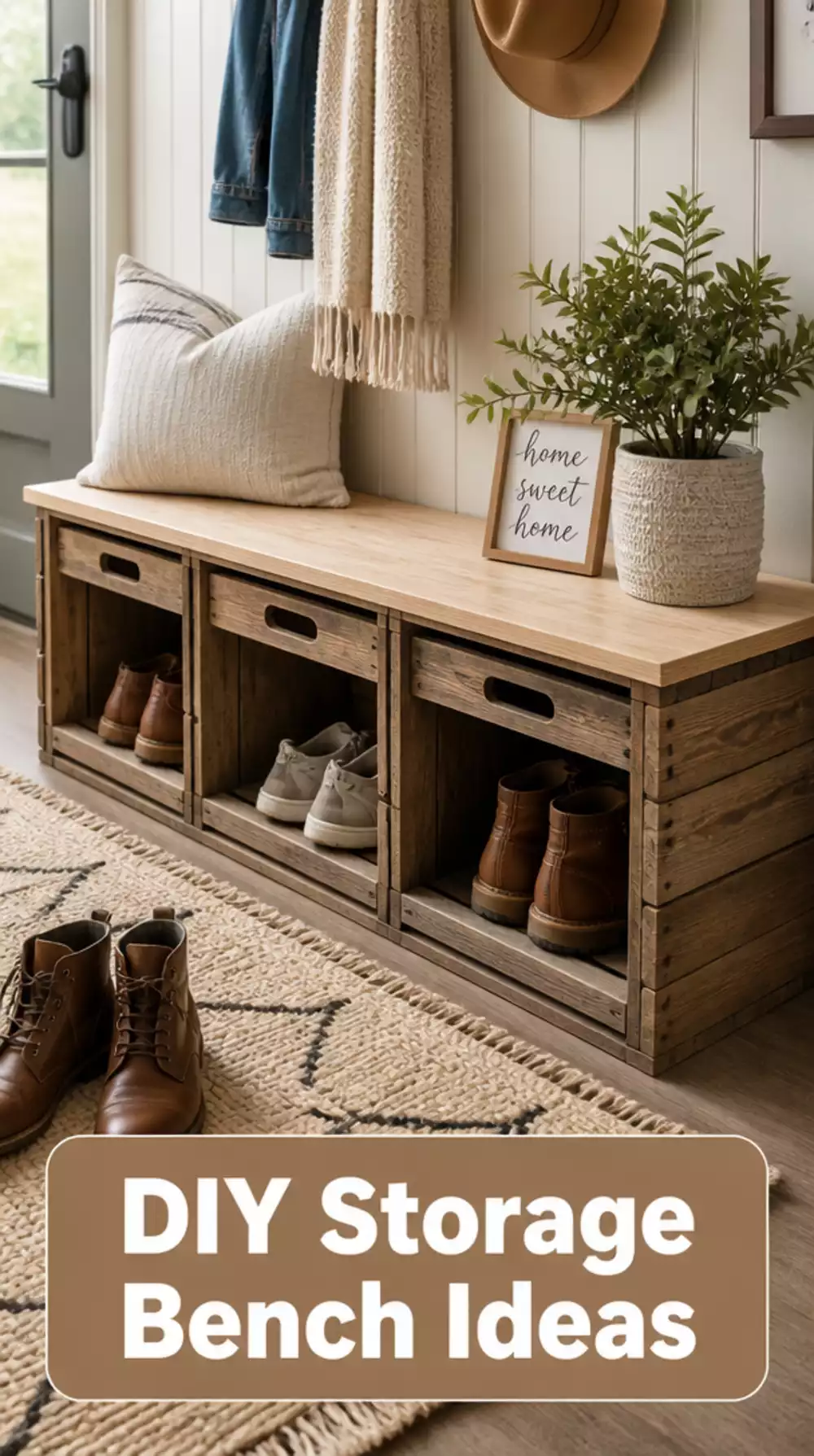 DIY Entryway Bench with a Storage Crate Base and a Plywood Seat Top
