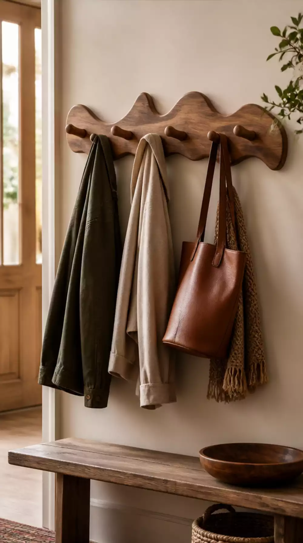 Earthy Entryway Wooden Wall Hook in a Sculptural Organic Shape