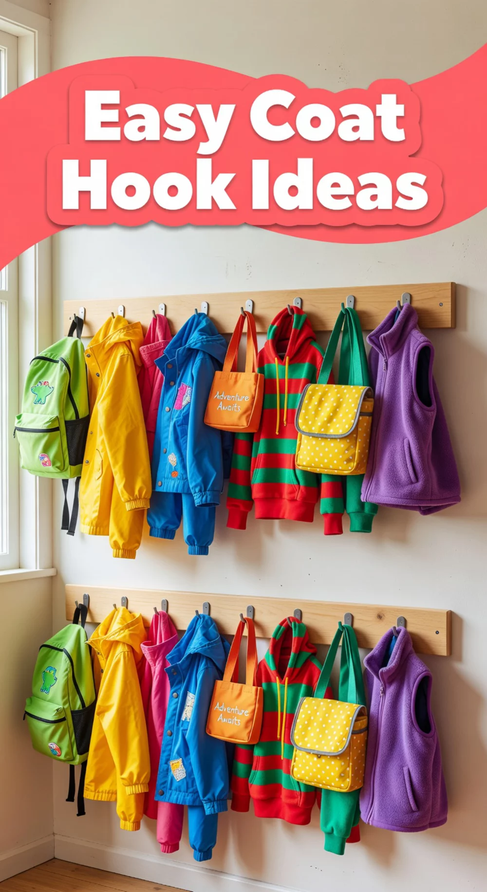 Entryway Low-Mounted Hook Rail at Kids' Height for Bags and Jackets