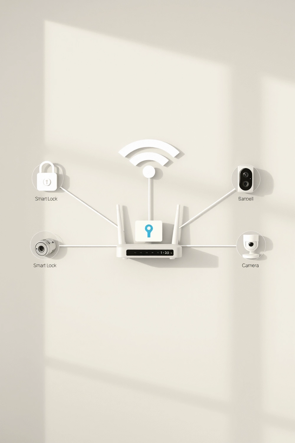 Diagram illustrating secure home Wi-Fi network with encryption, smart device icons connected securely
