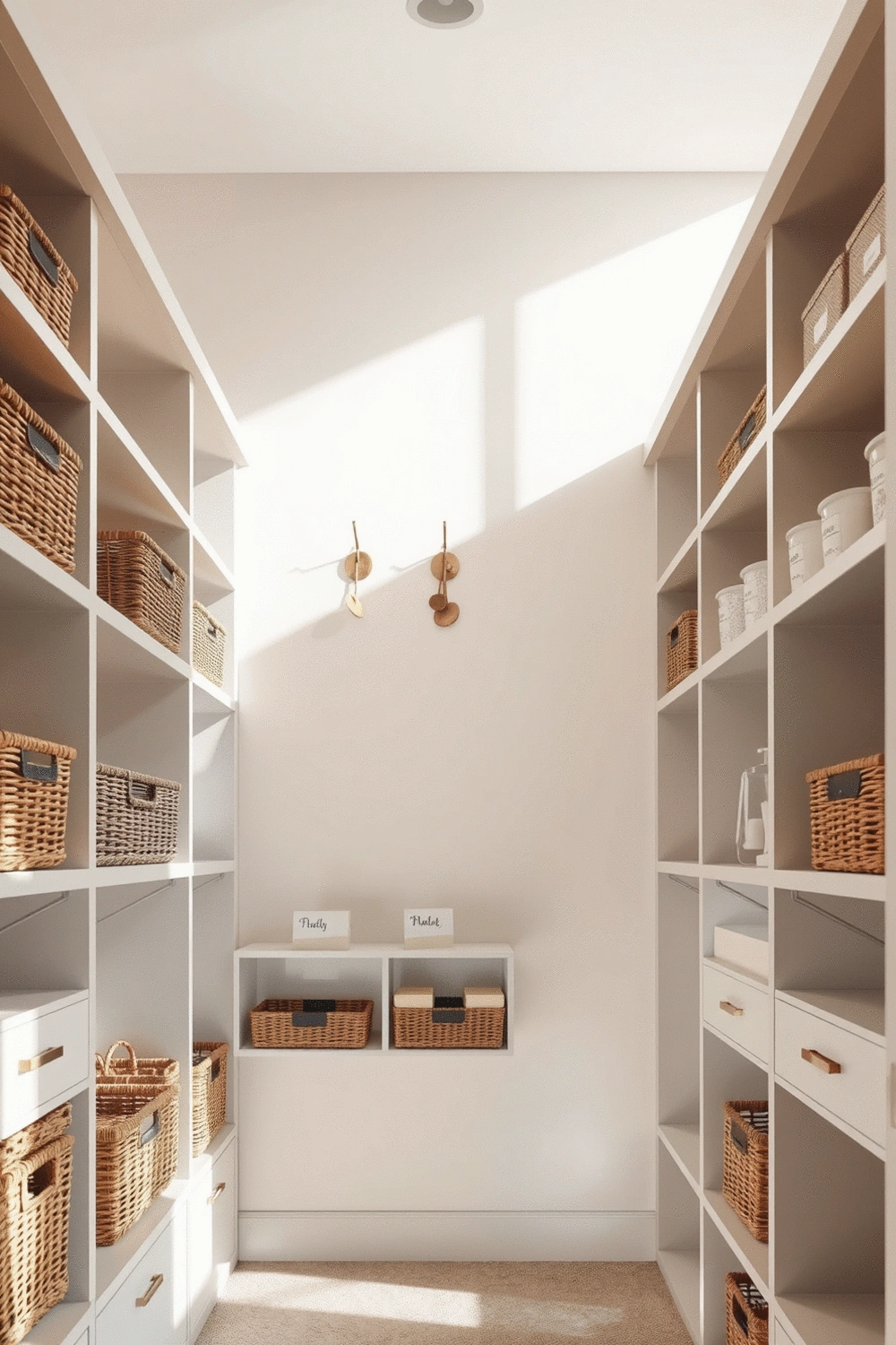 Interior view of a modern entryway closet with custom-built shelving units extending to the ceiling. The shelves are organized with various wicker baskets, labeled containers, and elegant decorative hooks on the wall, all in a neutral color palette.