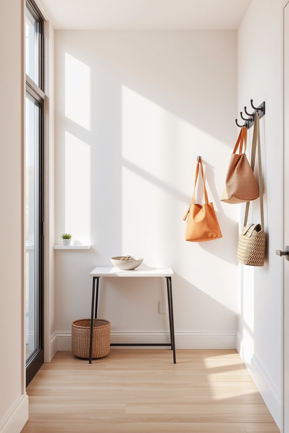 Stylized illustration of an empty, well-organized home entryway with a small console table, a decorative bowl for keys, and a wall-mounted hook rack for bags. The space is clean and minimalist.