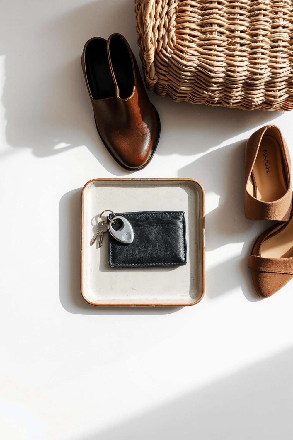 Flat-lay of neatly organized entryway essentials: keys on a decorative tray, a small wallet, and a pair of stylish shoes next to a woven storage basket
