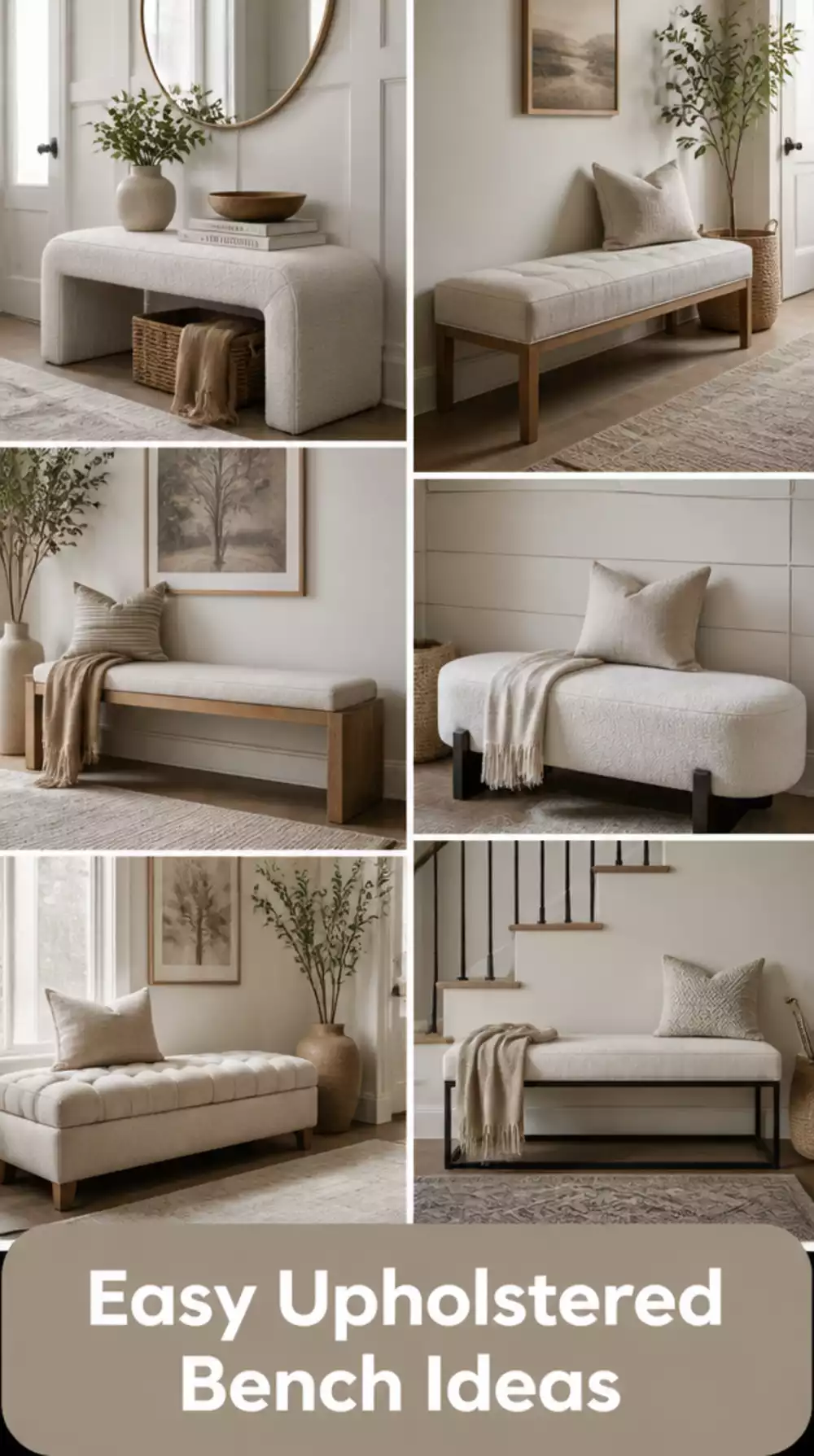 Entryway Upholstered Bench in Neutral Boucle or Linen Fabric