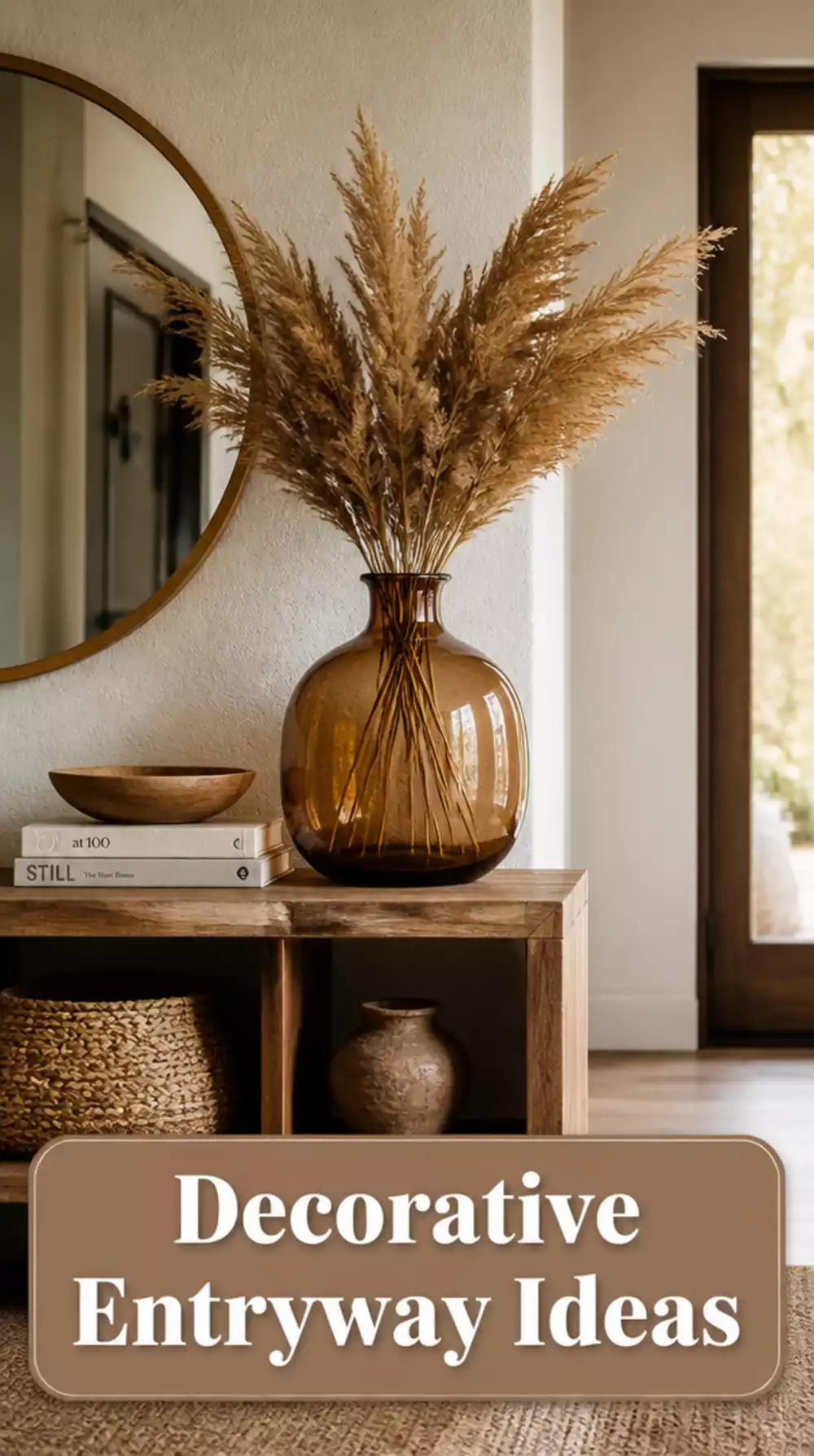 Entryway Amber Glass Vase with Dried Pampas Grass on a Low Wooden Shelf