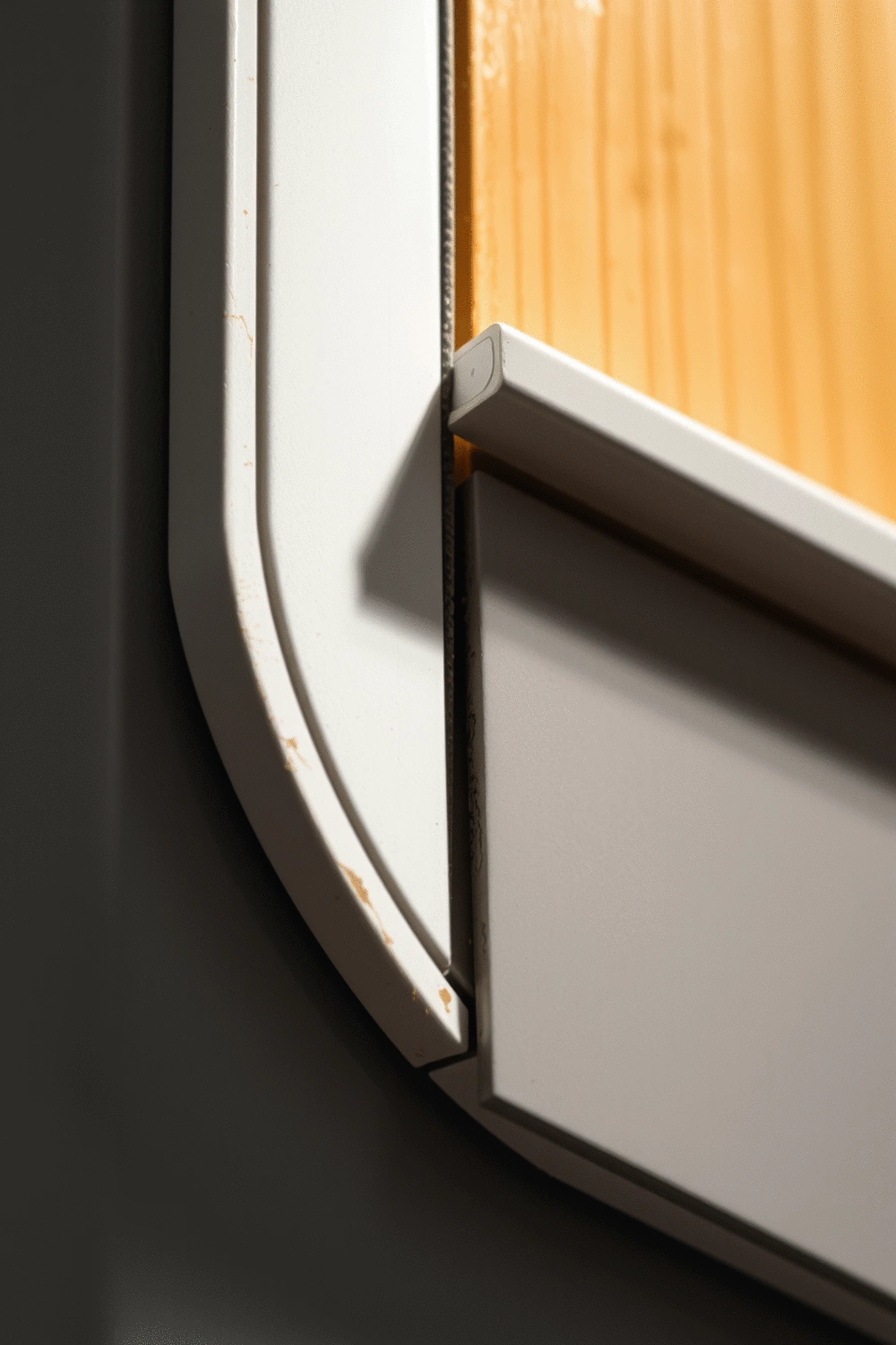 Close-up of a weatherstripped door frame, showing the seal against a door, emphasizing noise prevention