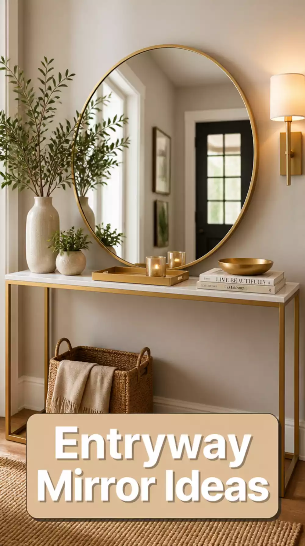 Apartment Entryway Round Mirror Leaned on a Slim Console for an Effortless Look