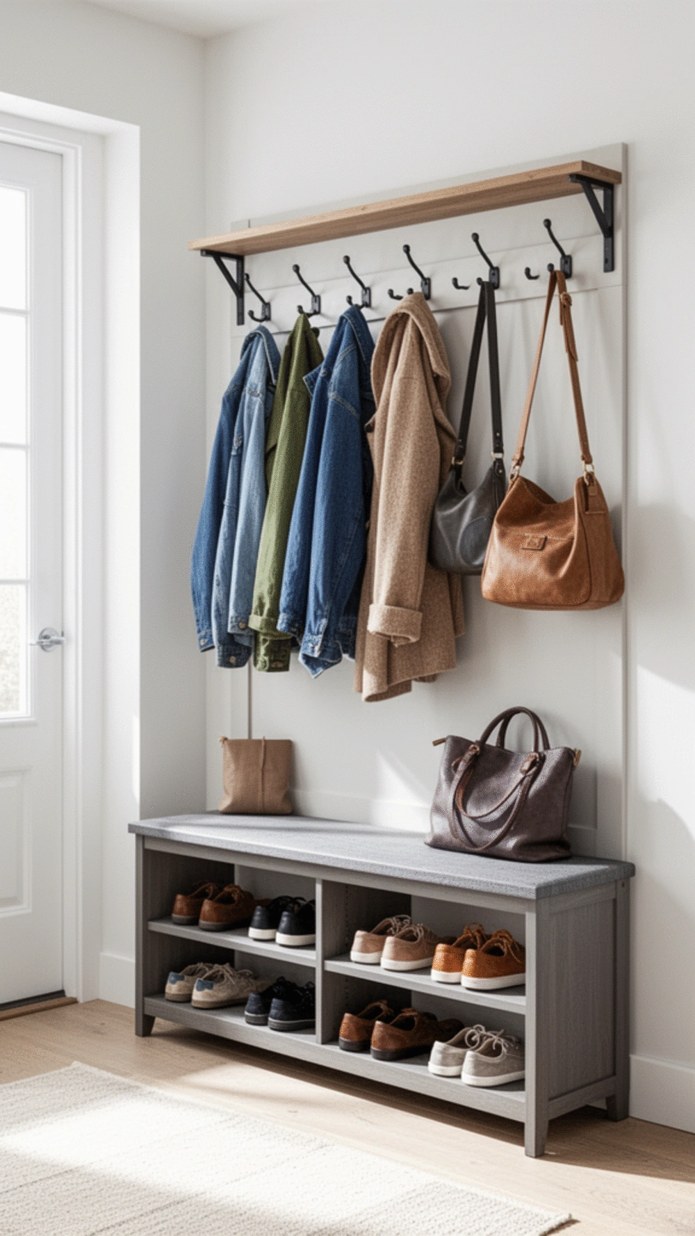 Organized Entryway Benches with Hooks and Racks for Smart Storage