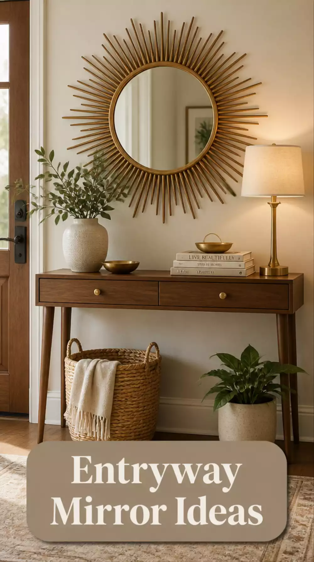 Entryway Mid-Century Sunburst Mirror in Brass Above a Slim Wood Console