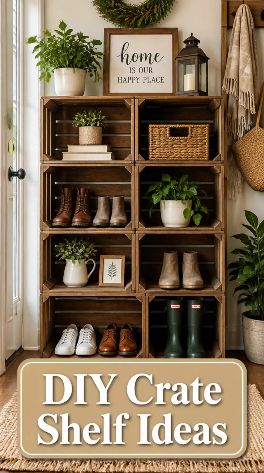 DIY Entryway Crate Shelf Stacked and Screwed Together for a Rustic Look