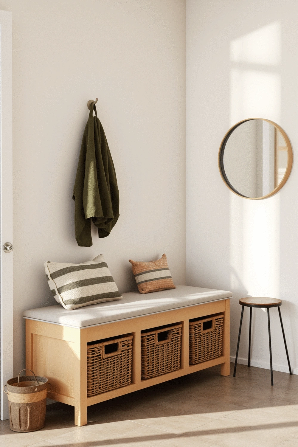 A clean, empty entryway with a durable, easy-to-clean storage bench, decorative baskets for organization, and a minimalist mirror, showcasing functionality and style.