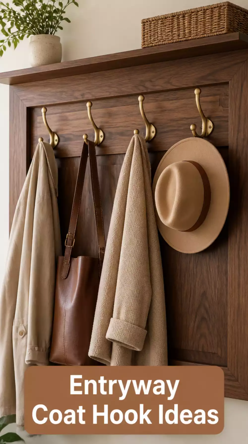 Entryway Brass Coat Hook Rail Mounted on a Walnut Timber Backing Board