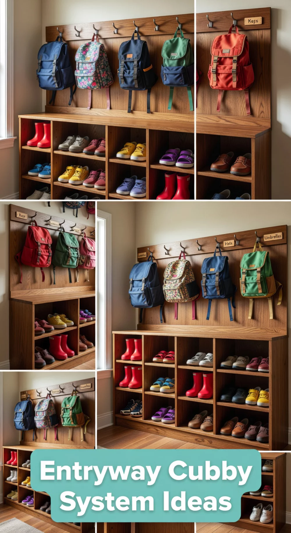Entryway Cubby System with Labelled Hooks for Kids