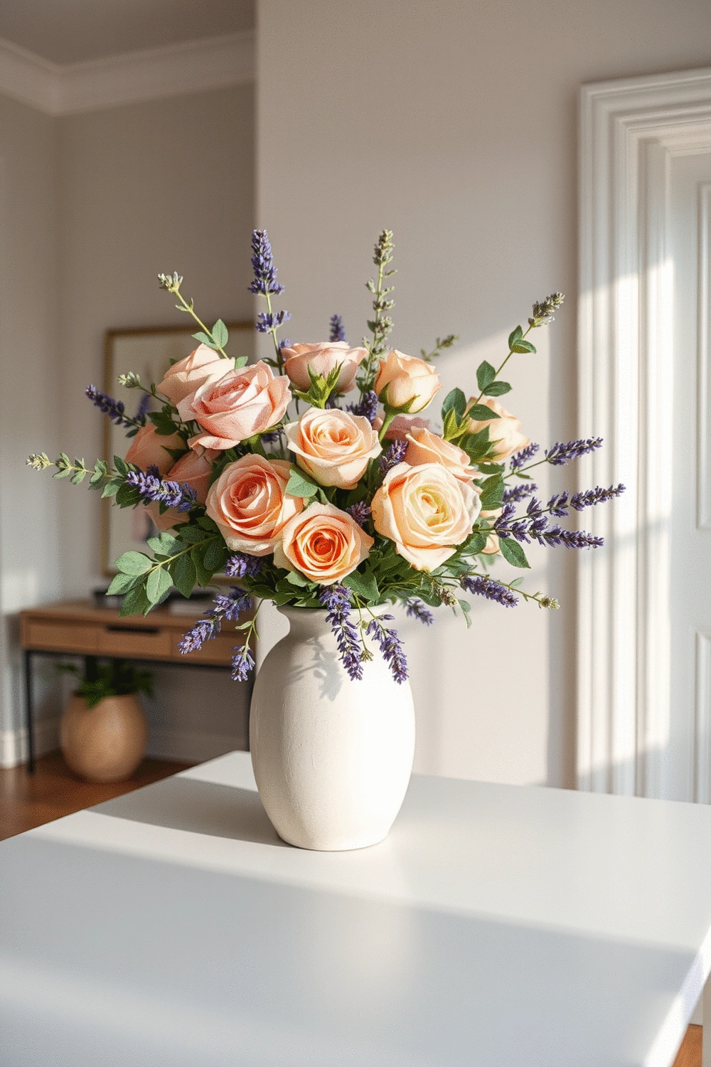 A still life arrangement of fresh flowers including roses, eucalyptus, and lavender in a minimalist vase, set on a clean console table in an entryway. Soft natural light, shallow depth of field.