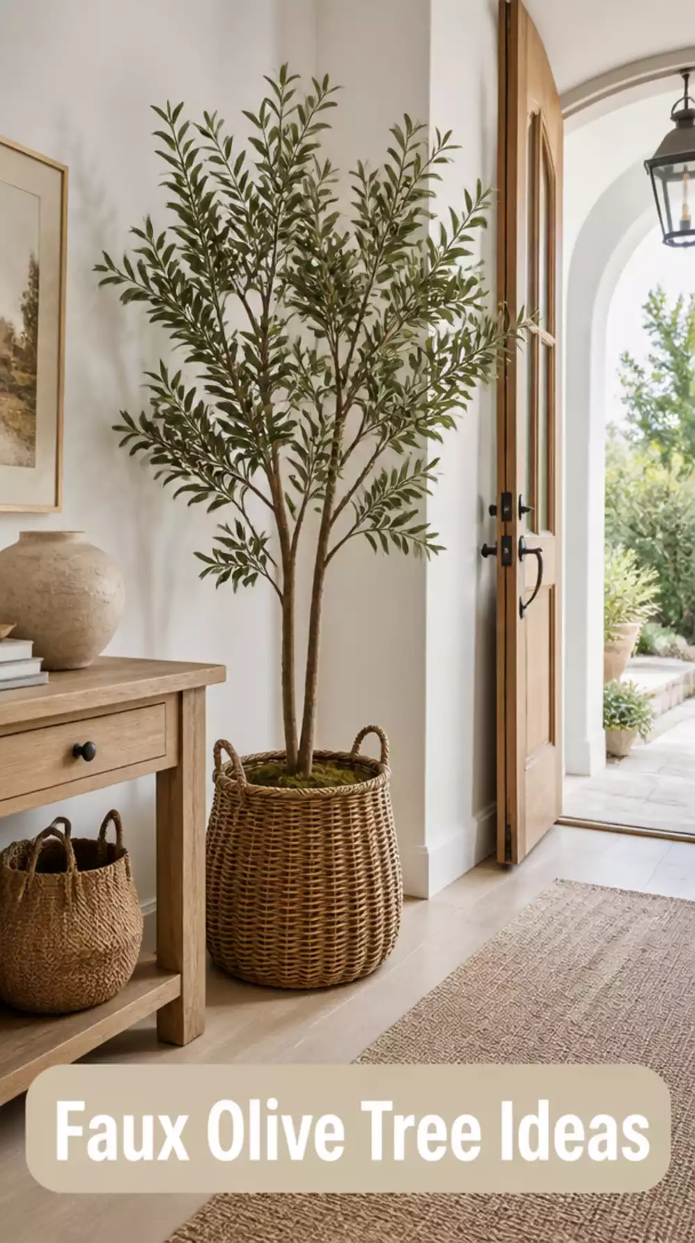 Entryway Faux Olive Tree in a Woven Basket That Looks Convincingly Real