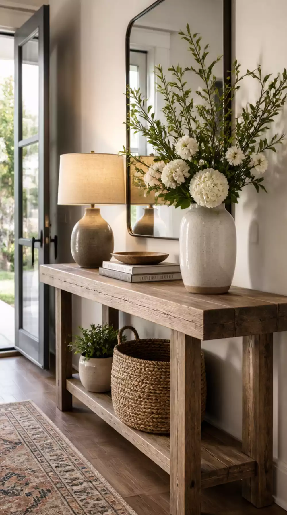 Entryway Console Table Styled with a Tall Vase and Fresh Stems