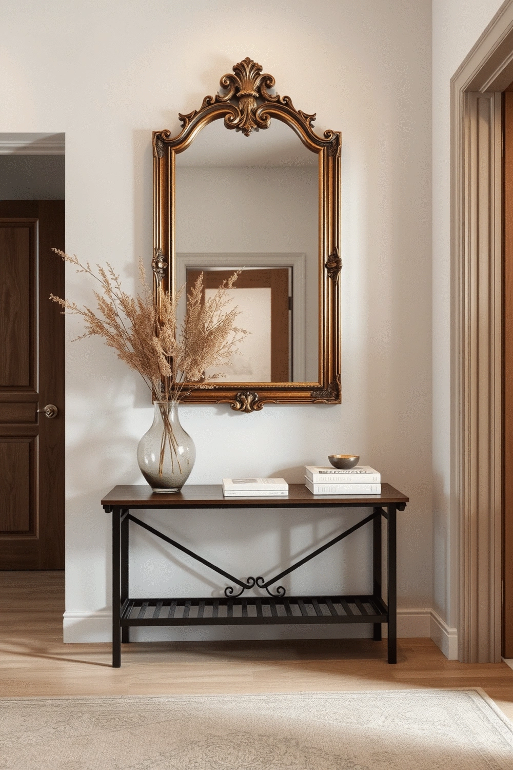 Stylish entryway featuring a large, ornate mirror, a dark wood console table with decorative items, and a patterned rug, showcasing a blend of style and functionality