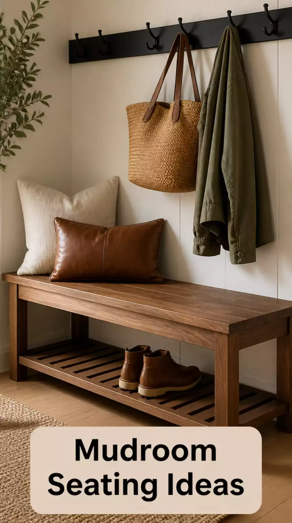 Mudroom Walnut Bench with a Slatted Base and Matte Black Hook Rail