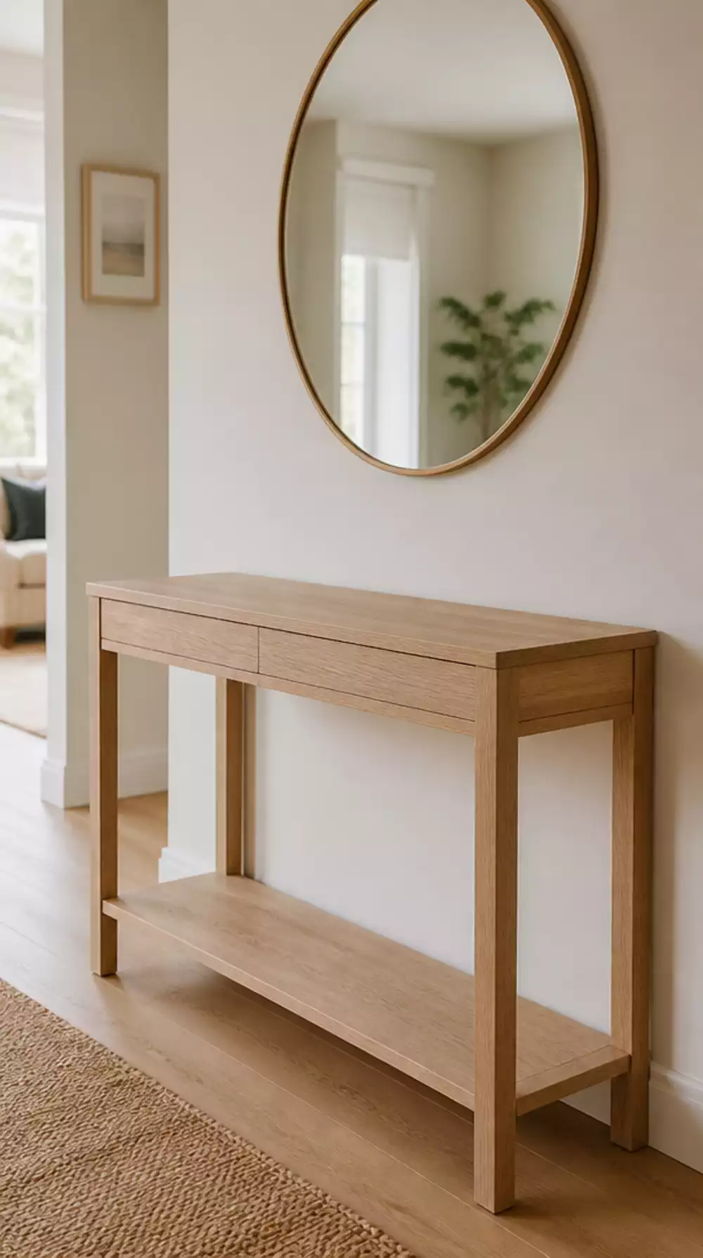 Minimal Entryway Console Table in Pale Oak with Nothing Extra on Top
