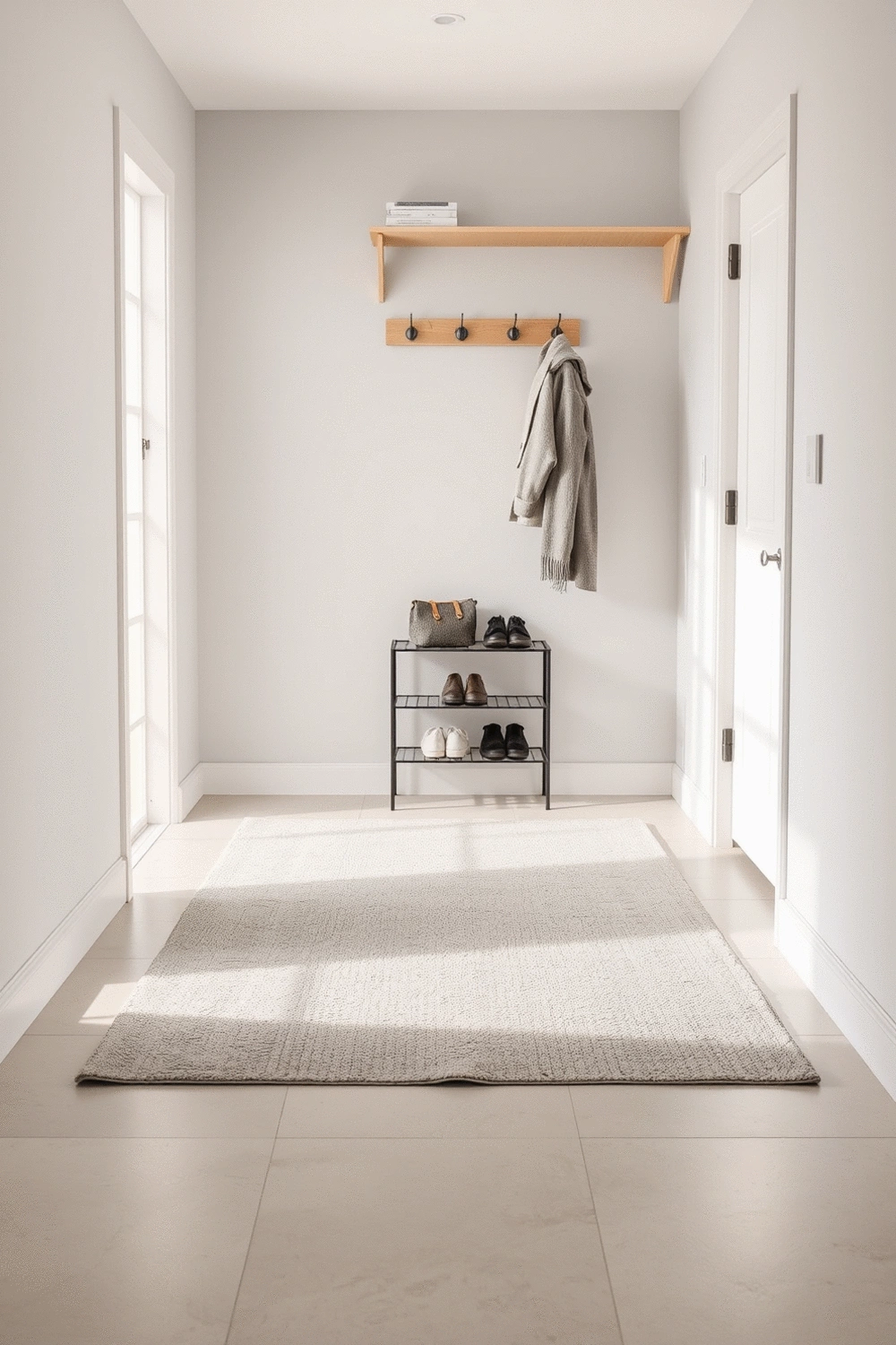 A modern entryway with a stylish washable rug, a minimalist shoe rack, and a coat hanger, showcasing a clean and organized space.