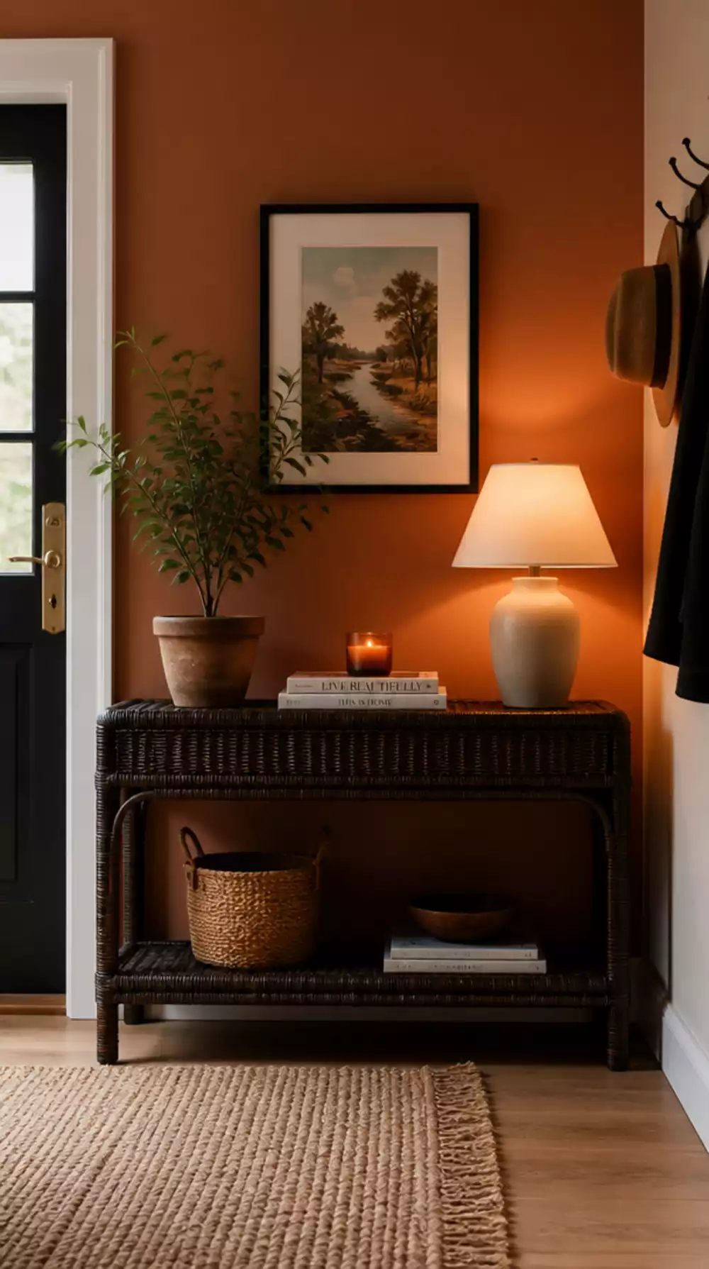 Entryway Terracotta Painted Wall Behind a Dark Rattan Console Table