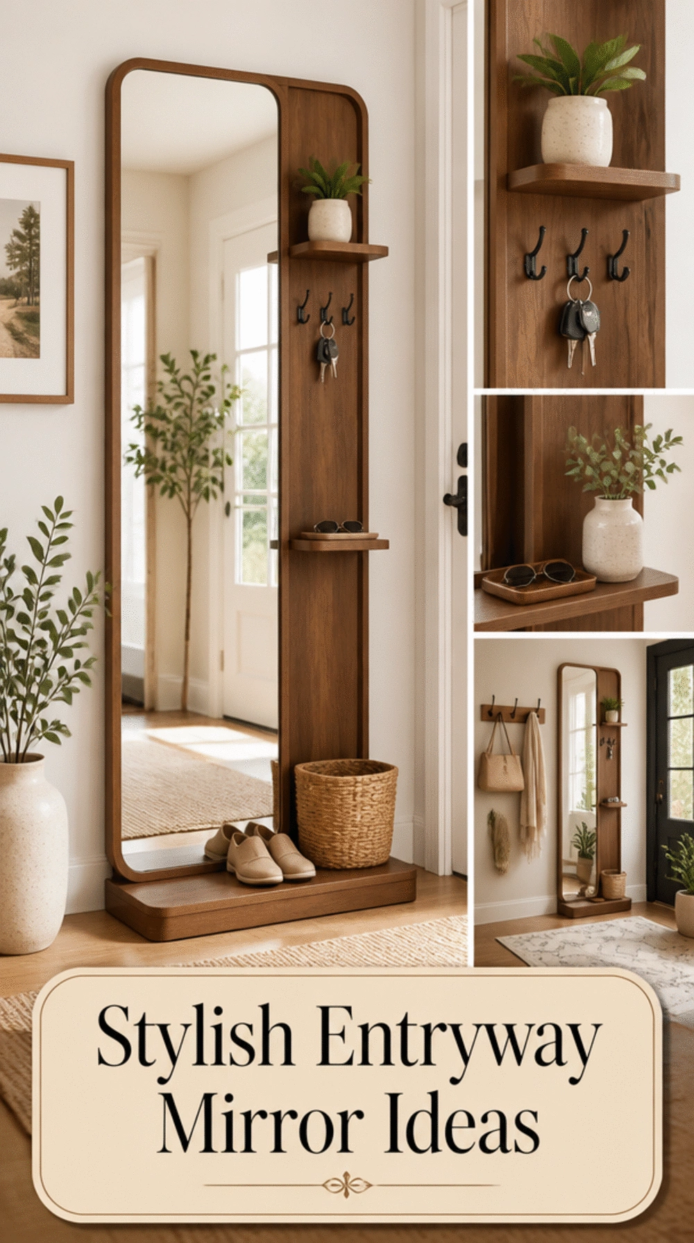 Entryway Full-Length Mirror with a Shelf at the Base for Keys and a Plant