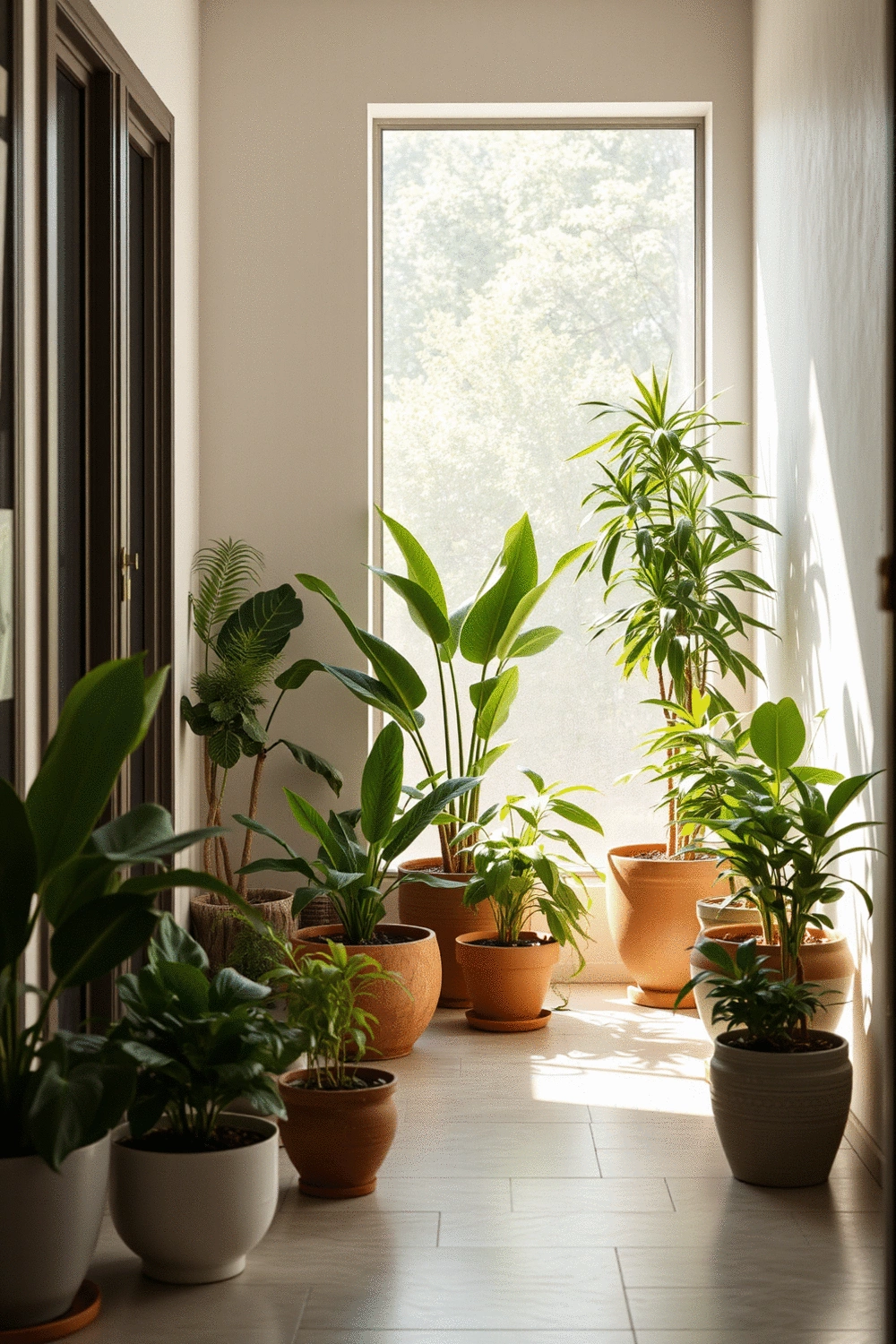 Stylized entryway with various potted green plants, natural light, and a clean aesthetic