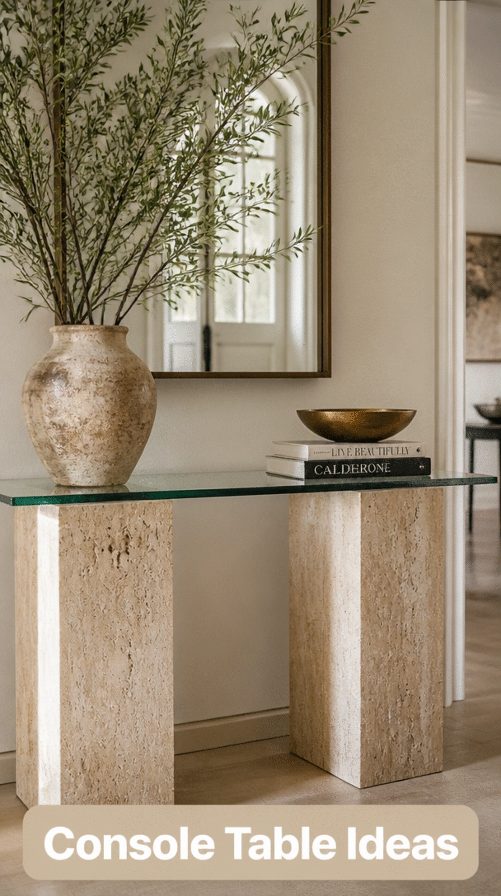 Entryway Aged Travertine Console Table Leg with a Glass or Stone Top