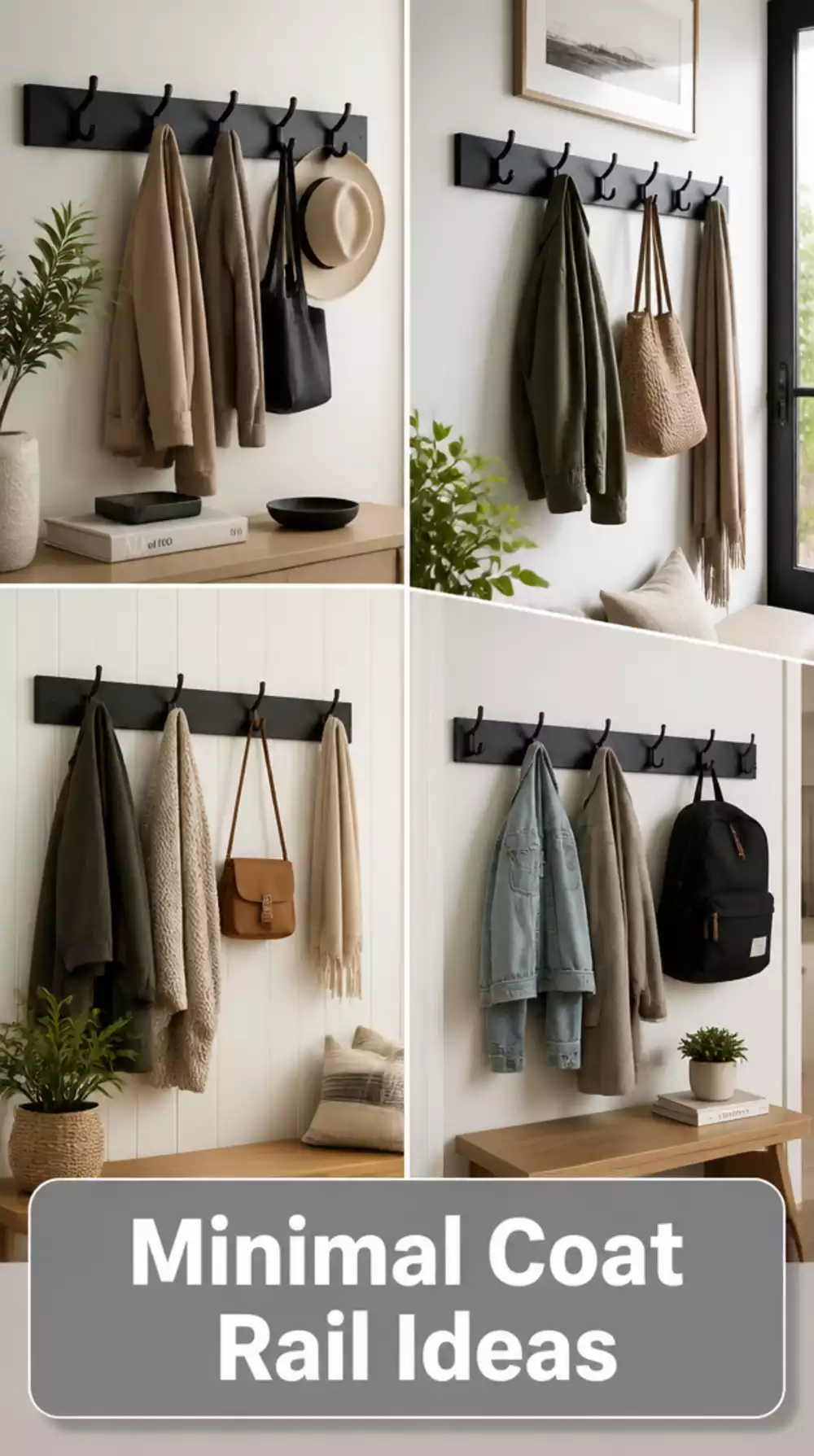 Entryway Minimal Coat Rail in Matte Black Steel with Evenly Spaced Hooks