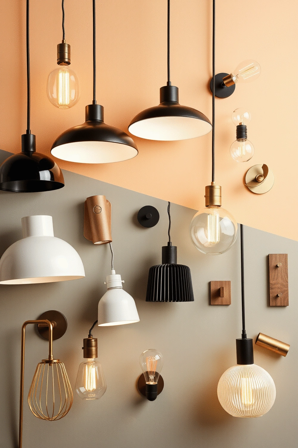 Various modern lighting fixtures including pendant lights and wall sconces arranged aesthetically, no humans.