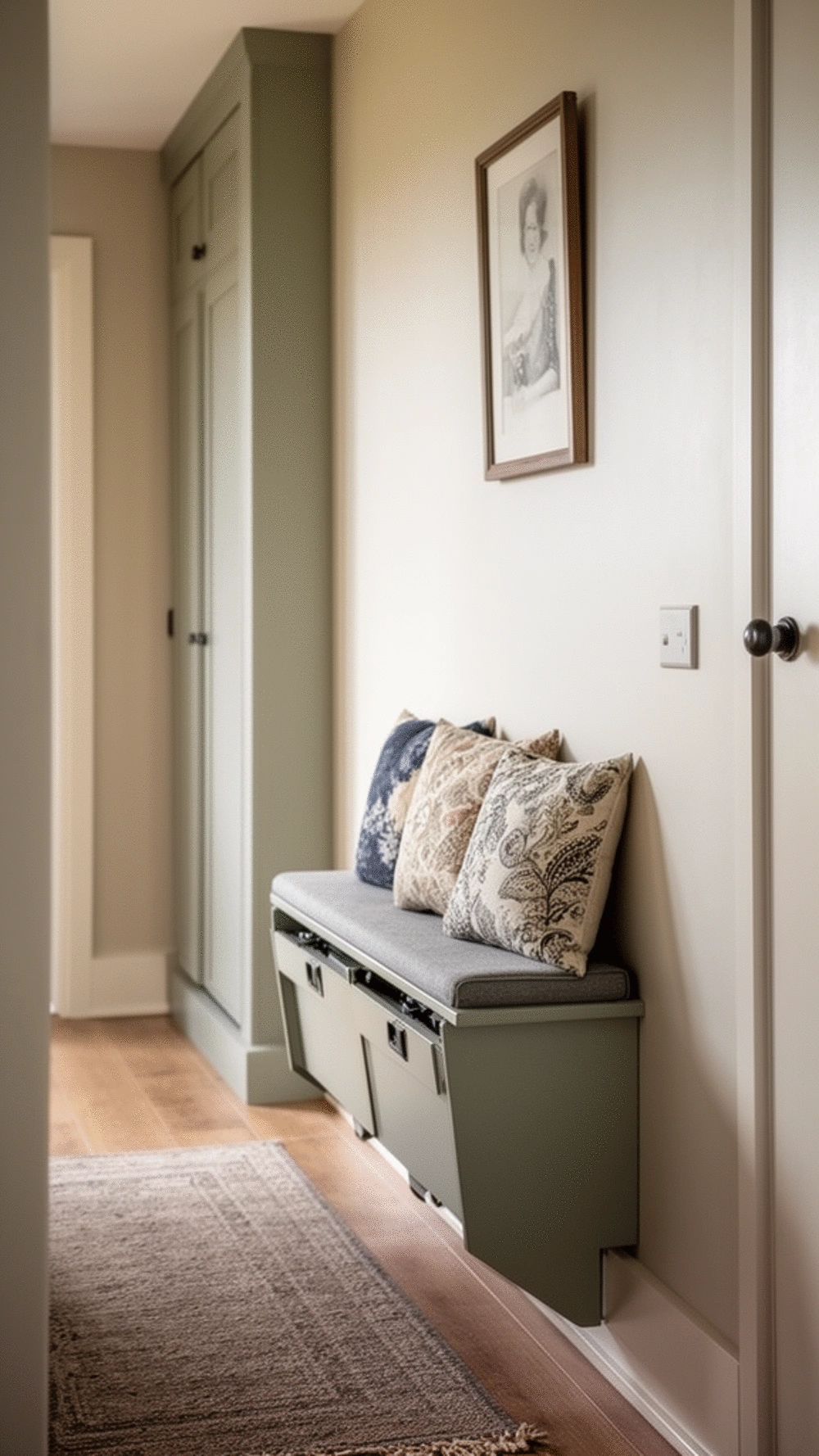 Narrow Hallway Wall-Mounted Folding Bench That Swings Flat When Not in Use
