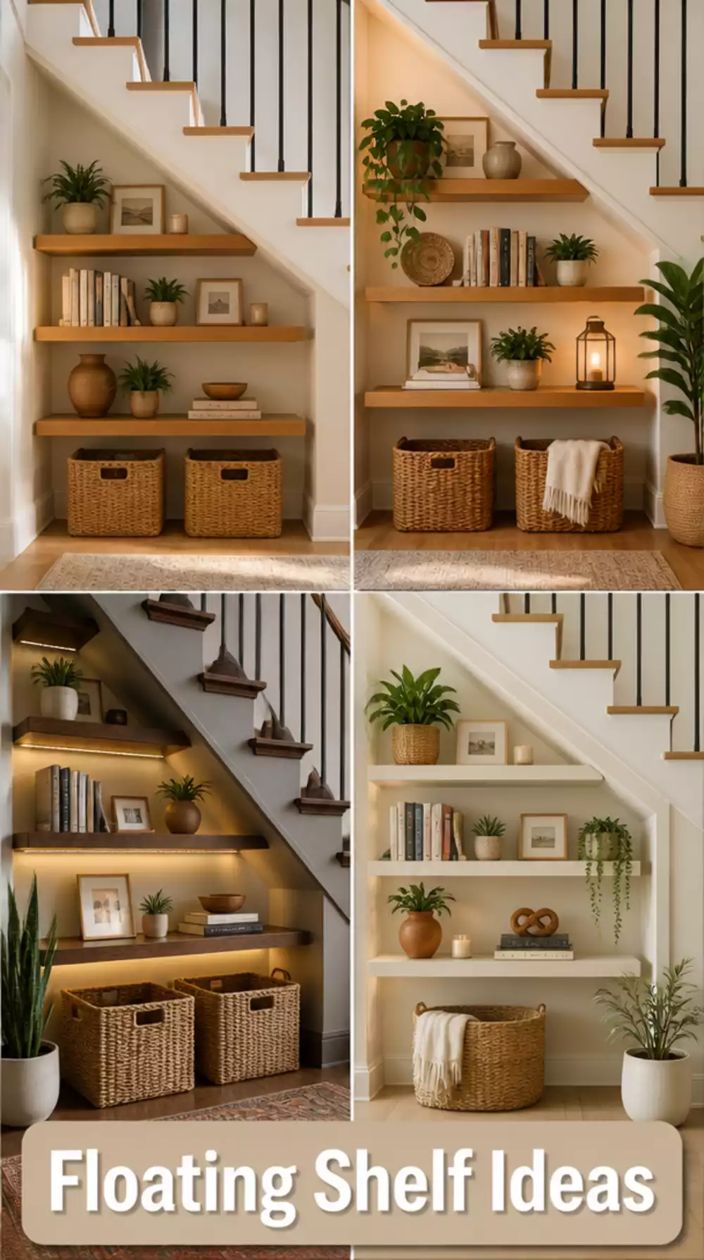 Under-Stair Floating Shelves for Books, Baskets, and Small Decorative Objects